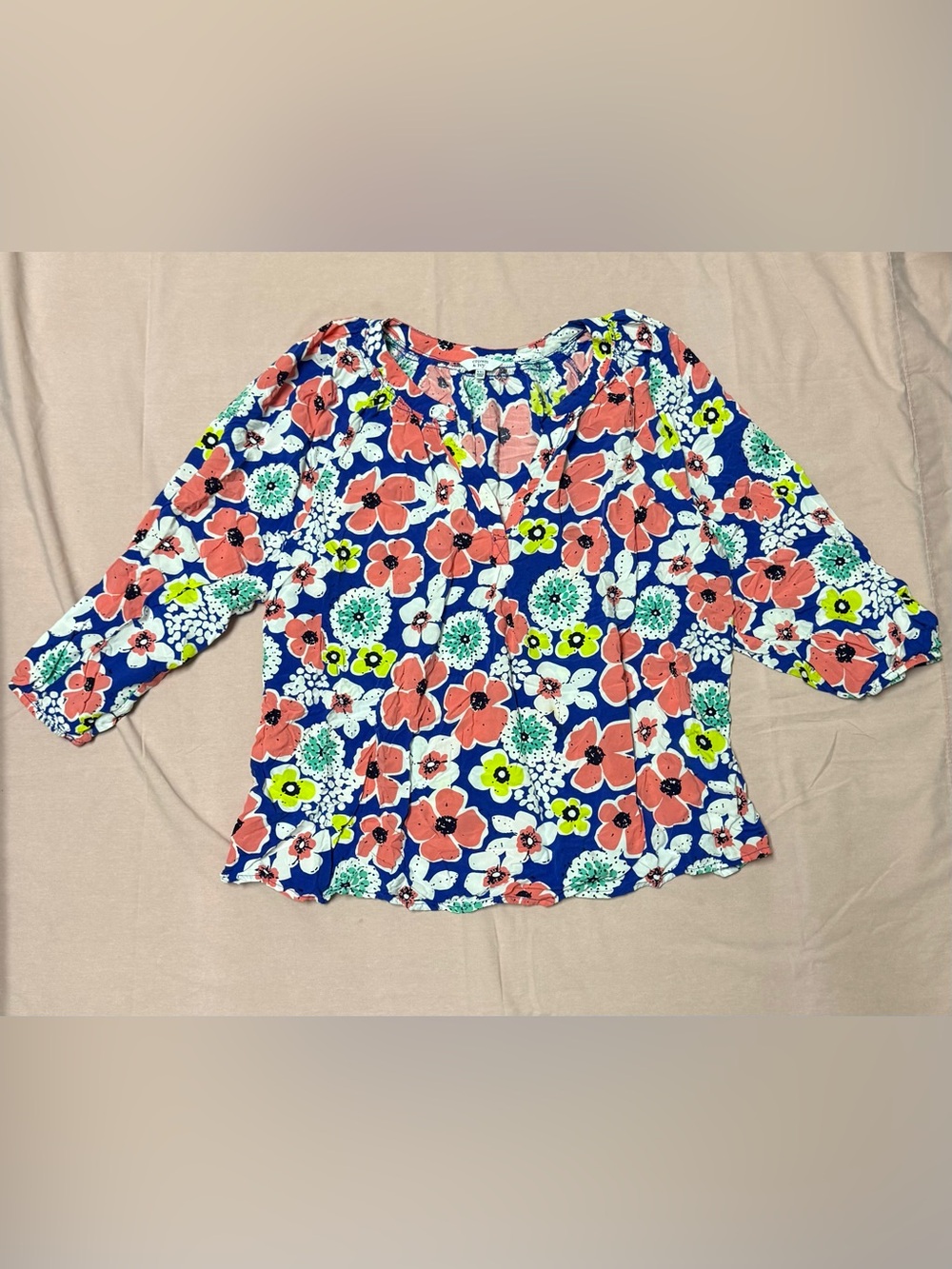 crown & ivy Navy Floral Split-Neck Blouse with Coral and Lime Accents